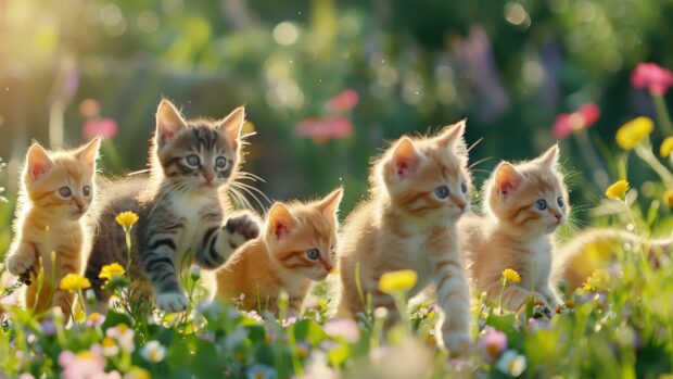 Ccat 4K desktop wallpaper with a group of playful kittens frolicking in a meadow, surrounded by vibrant wildflowers and soft grass.