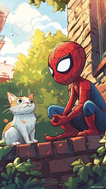 Chibi Spiderman playing with a friendly cat in a sunny, colorful park.