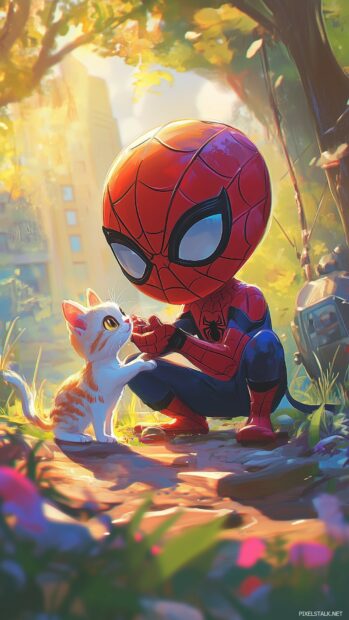 Chibi Spiderman playing with a friendly cat in a sunny, colorful park.