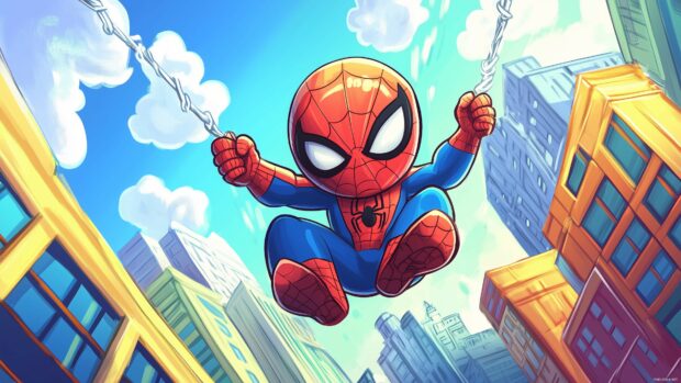 Chibi Spiderman swinging between colorful buildings with happy clouds in the sky.