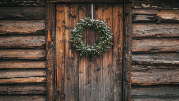 Christmas 4K background with a festive wreath hanging on a rustic wooden door.