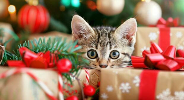 Christmas Cat Desktop Wallpaper with a cute kitten peeking out from a pile of wrapped Christmas presents, surrounded by holiday decorations.