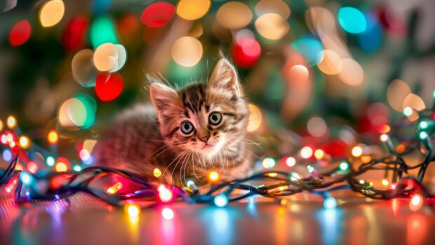 Christmas Cat Wallpaper HD with a playful kitten tangled in colorful Christmas lights, with a festive tree in the background.