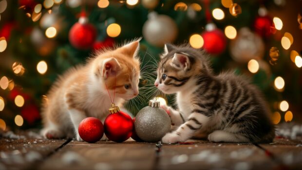 Christmas Cat Wallpaper with a pair of kittens playing with Christmas ornaments under a festive tree.