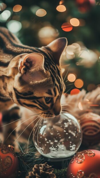 Christmas Cat iPhone 4K Wallpaper with a playful Bengal cat knocking over a snow globe, with holiday decorations all around.