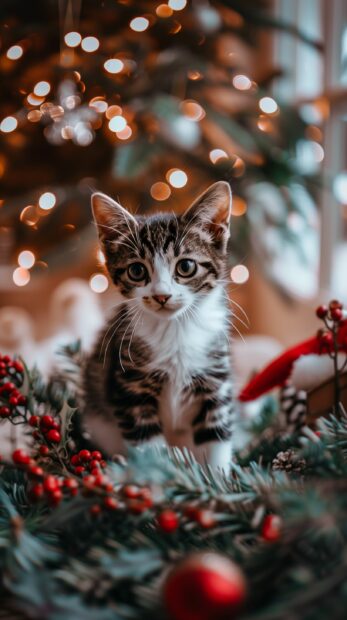 Christmas Cat iPhone Wallpaper with a sweet kitten inside a Christmas wreath, with holly and berries.