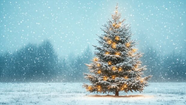 Christmas Desktop Wallpaper 4K with a snowy outdoor Christmas tree with twinkling lights.