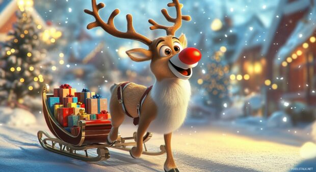 Christmas Desktop Wallpaper HD with a cartoon reindeer with a red nose, pulling a sleigh filled with presents.