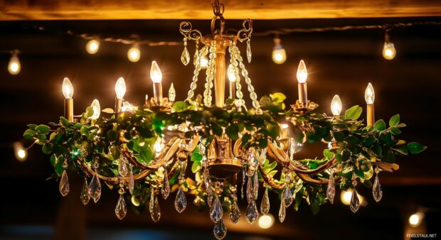 Christmas Light desktop wallpaper with an elegant Christmas chandelier decorated with greenery and fairy lights.