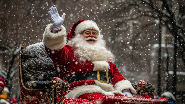 Christmas Wallpaper HD with Santa Claus waving at children in a festive parade.