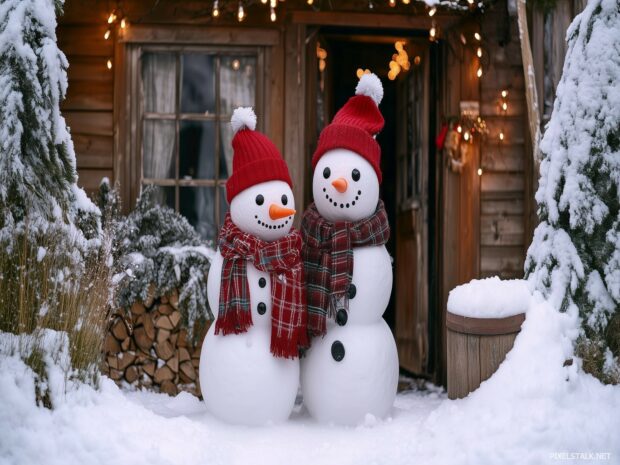 Christmas iPad Wallpaper with a cheerful snowman family with scarves and hats, standing in front of a cozy cabin.