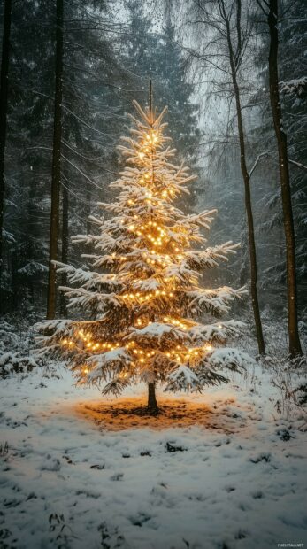 Christmas iPhone Wallpaper with a Christmas tree in a snow covered forest with twinkling lights.