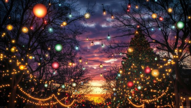 Christmas lights draped over a grand holiday tree, with glowing orbs of red, green, and gold against a twilight sky.