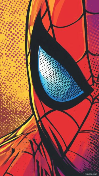 Close up of Spiderman mask with a halftone dot pattern and vibrant colors .