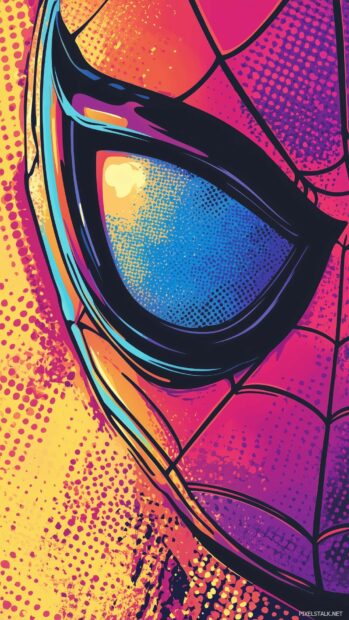 Close up of Spiderman mask with a halftone dot pattern and vibrant colors, in a colorful comic book style.