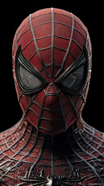 Close up of Spiderman mask with a plain black background.