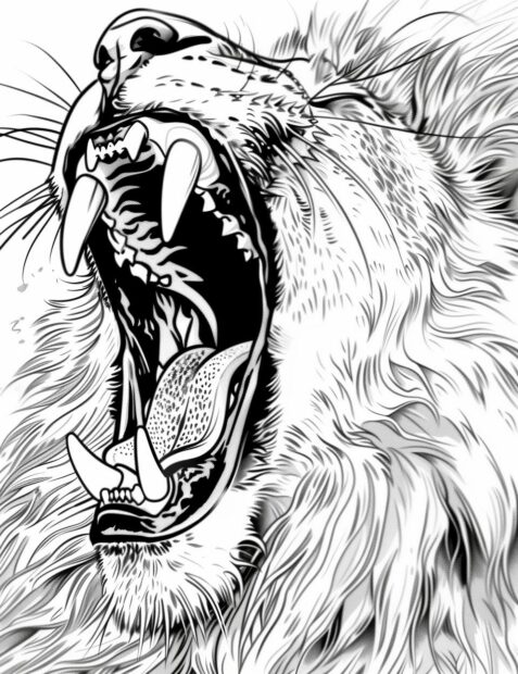 Close up of a roaring lion face, coloring page.