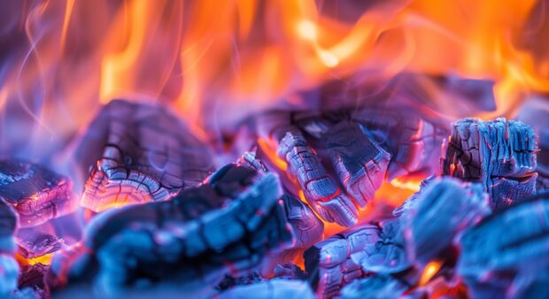 Close up of glowing embers and flames, capturing the intense heat and vibrant colors.