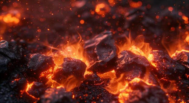 Close up of glowing embers and flames, capturing the intense heat and vibrant colors.