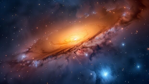 Colorful wallpaper of a galaxy surrounded by a halo of interstellar gas.