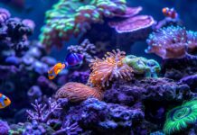 Colors of a bustling coral reef, teeming with diverse marine life including clownfish, sea turtles, and colorful coral formations.