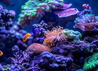 Colors of a bustling coral reef, teeming with diverse marine life including clownfish, sea turtles, and colorful coral formations.