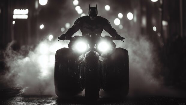 Cool Batman on his Batcycle, with the bike headlights piercing through the foggy Gotham night.