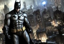 Cool Batman standing on a rooftop, Gotham City skyline in the background, the Bat Signal shining in the sky.