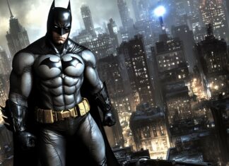 Cool Batman standing on a rooftop, Gotham City skyline in the background, the Bat Signal shining in the sky.