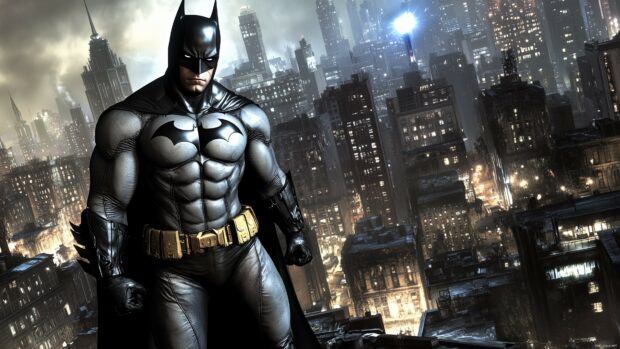 Cool Batman standing on a rooftop, Gotham City skyline in the background, the Bat Signal shining in the sky.