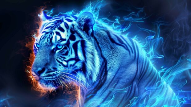 Cool Blue fire tiger wallpaper 4K  for desktop.