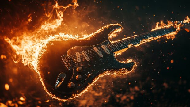 Cool Fire HD Wallpaper with a burning guitar in mid air, with flames and smoke swirling around it.