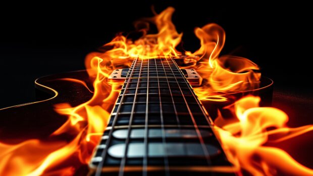 Cool Fire wallpaper 4K with a close up of a guitar neck and headstock with flames dancing along the strings, set against a deep black background.