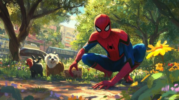 Cool Spiderman playing with cute animals in a sunny park with vibrant trees, Cartoon style for kids.