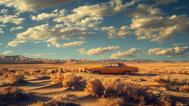 Cool car in a desert landscape desktop wallpaper 2K with dramatic sand dunes.