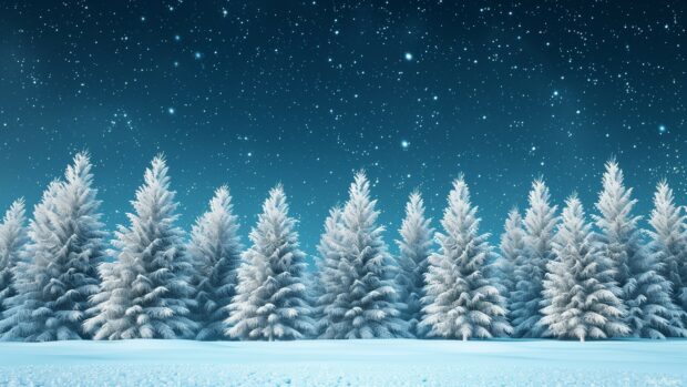 Cool snowy forest HD wallpaper with pine trees covered in frost under a starry sky.