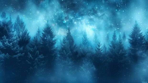 Cool snowy forest desktop wallpaper with pine trees covered in frost under a starry sky.