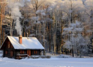 Cozy cabin in a winter forest with smoke from the chimney.