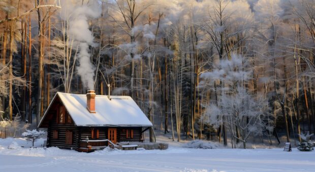 Cozy cabin in a winter forest with smoke from the chimney.