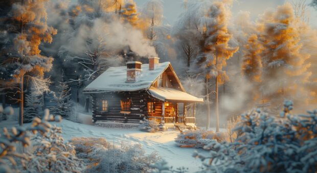 Cozy cabin in a winter forest with smoke from the chimney.