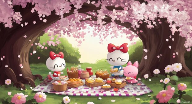 Cute Hello Kitty and her friends having a picnic under a cherry blossom tree.