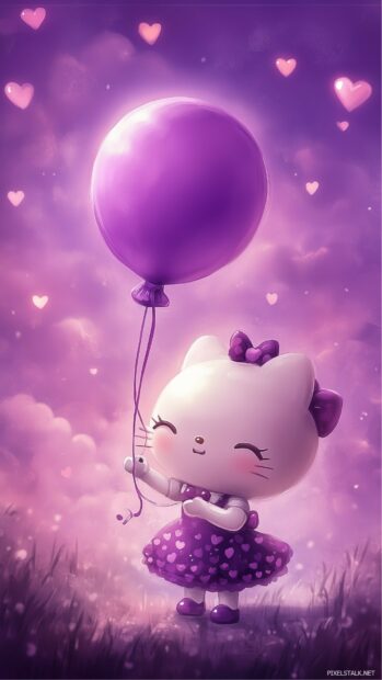 Cute Hello Kitty holding a kawaii style purple balloon, with a background of a dreamy purple sky and floating hearts.