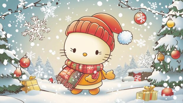 Cute Hello Kitty in a cozy winter scene, wearing a scarf and hat, surrounded by snowflakes and holiday decorations.