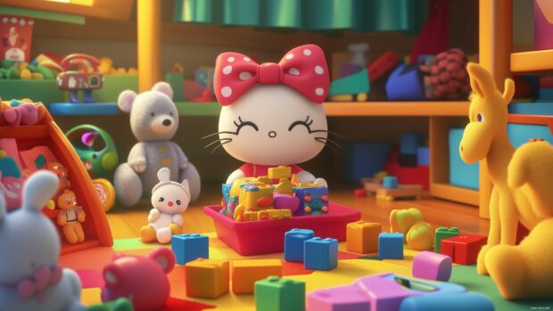 Cute Hello Kitty surrounded by her favorite toys in a colorful playroom.