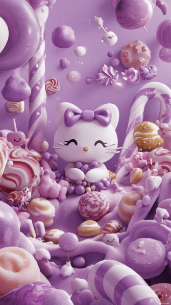 Cute Hello Kitty surrounded by kawaii purple candy and sweets, with a soft purple background and playful patterns.