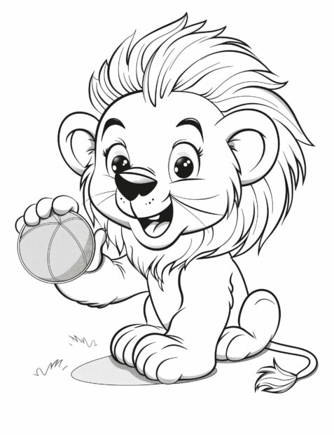 Cute baby lion playing with a ball, coloring pages.