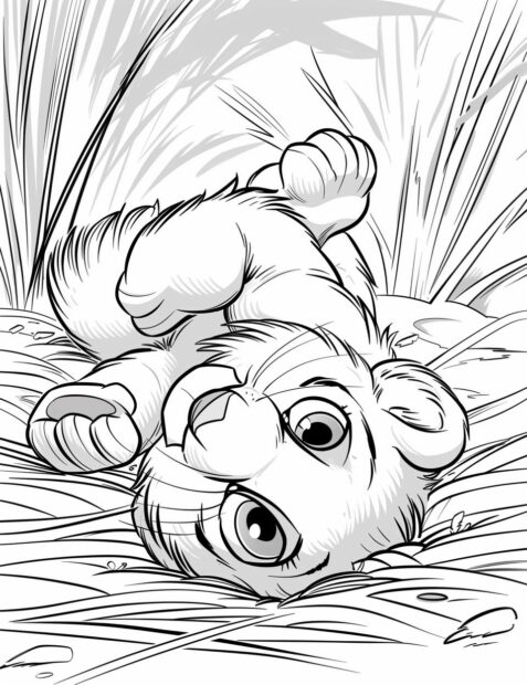 Cute baby lion playing with a ball, printable coloring pages.