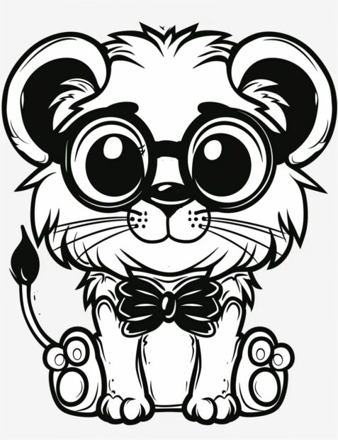 Cute baby lion with a bow tie, Line Art coloring pages.