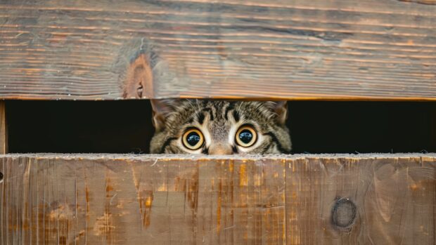 Cute cat peeking out of a cardboard box.