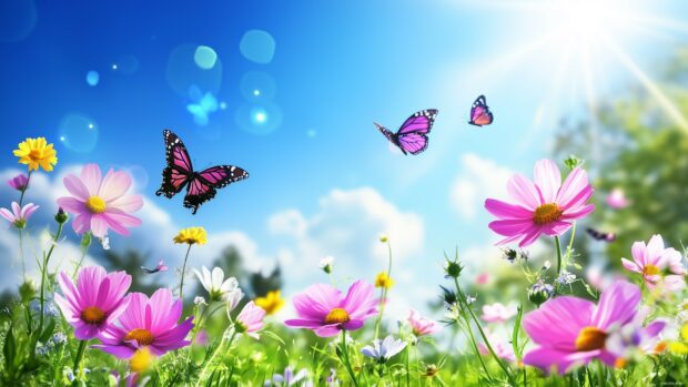 Cute flower 4K wallpaper with whimsical daisies, colorful butterflies.